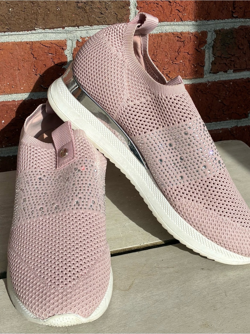 Womens Slip-On Knit Sneakers with Crystal Detail - Pink